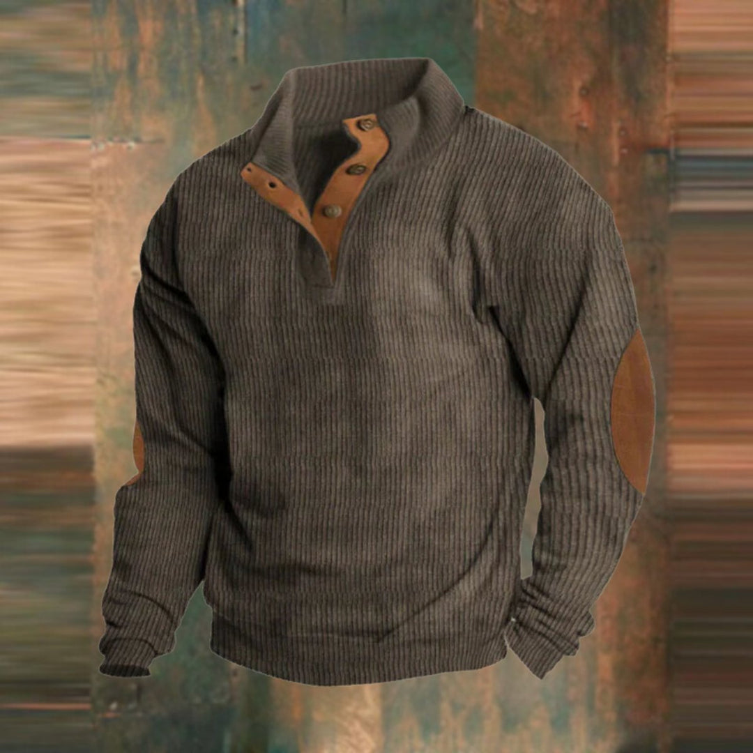 Herrenpullover Retro Rippstrick mit Knopfkragen und Ellbogenpatches – Lässiger Casual Look 2