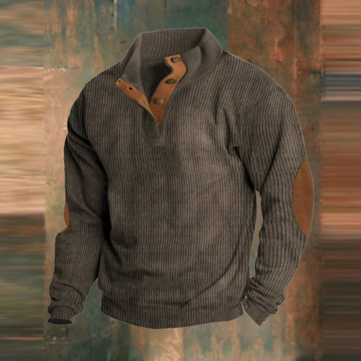 Herrenpullover Retro Rippstrick mit Knopfkragen und Ellbogenpatches – Lässiger Casual Look 2