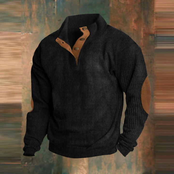 Herrenpullover Retro Rippstrick mit Knopfkragen und Ellbogenpatches – Lässiger Casual Look 4