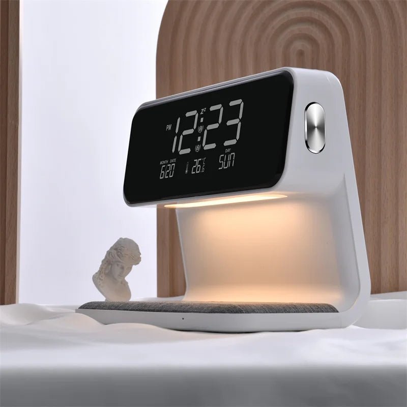Kreativ 3-i-1 sengelampe – Trådløs telefonoplader og smart alarm med LCD-skærm til en elegant alt-i-en-opgradering af natbordet 1
