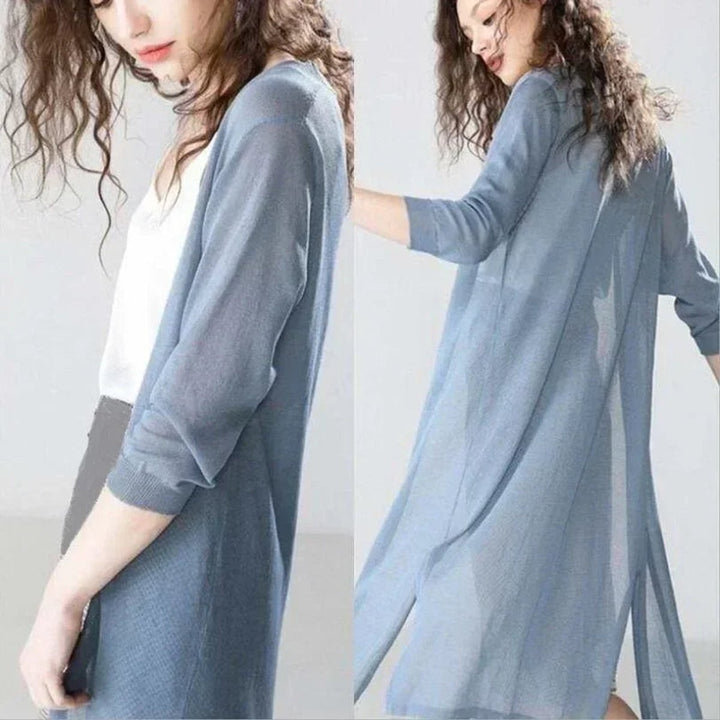 Leichter Damen Cardigan Lang Mit V-Ausschnitt Für Sommer Und Büro 4
