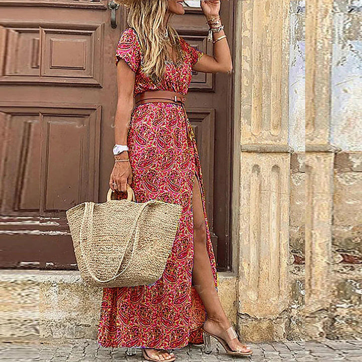 Luftig Boho Maxikjole Med Bælte - Elegant Sommerkjole til Style og Komfort 3