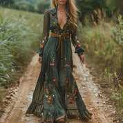 Maxi Kjole Med Lange Ærmer - Boho Floral Maxikjole Til Kvinder, Elegant Sommerkjole, Kjoler Tilbud kvinder 0