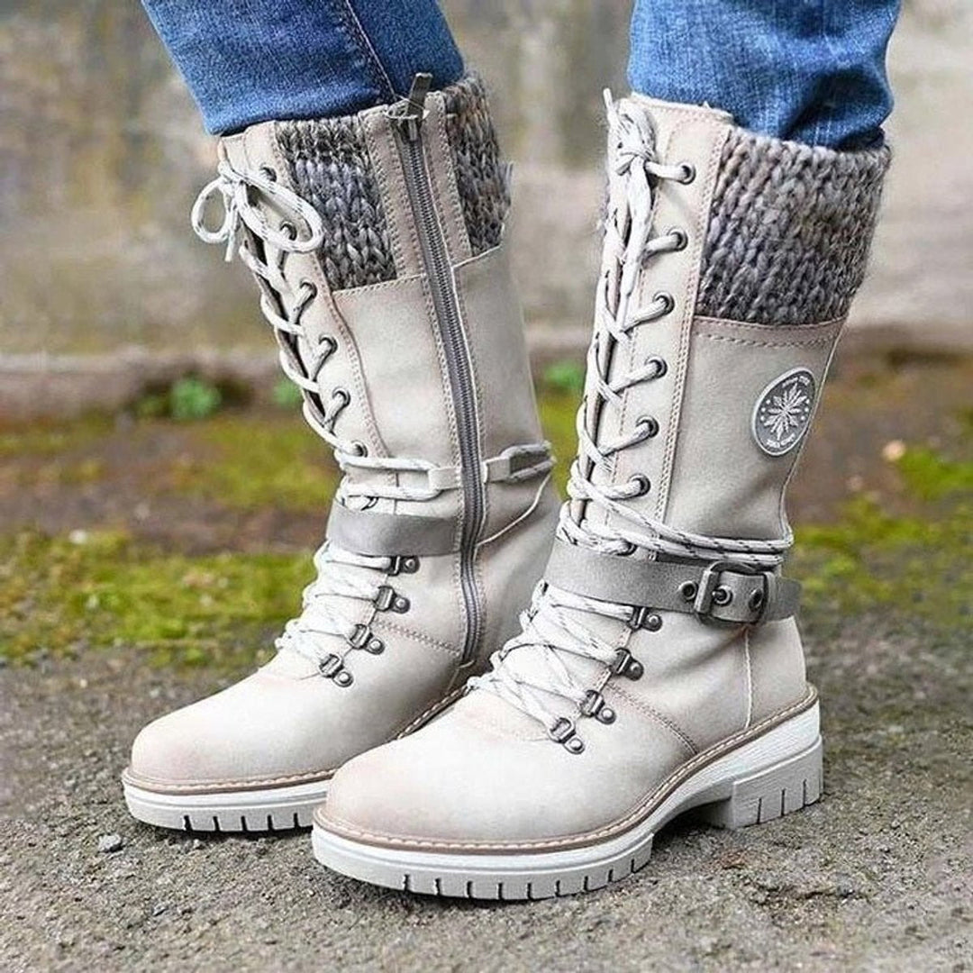 Orthopädische Damen Stiefel mit Arch Support Wasserfest Schnürstiefel mit Strickschaft und Schnalle 0