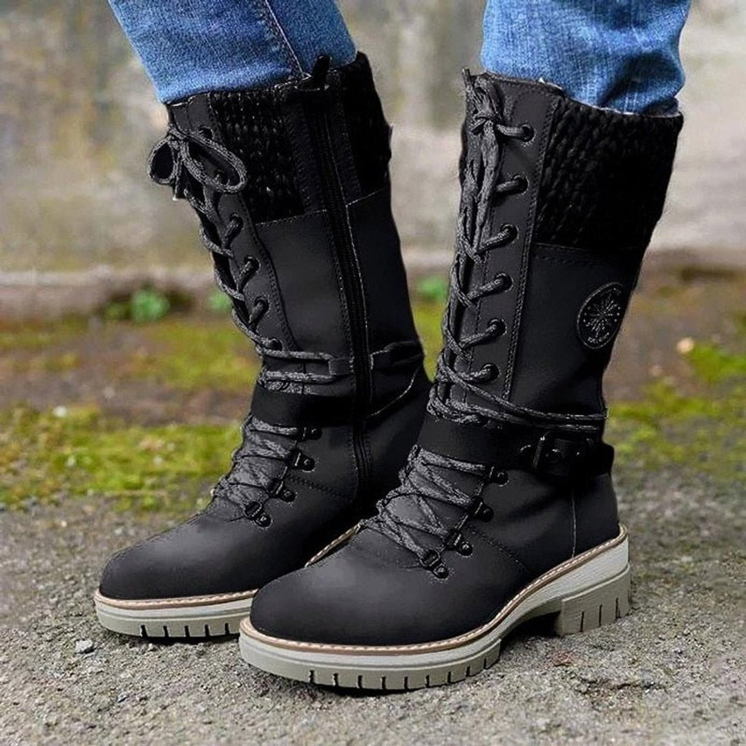 Orthopädische Damen Stiefel mit Arch Support Wasserfest Schnürstiefel mit Strickschaft und Schnalle 1