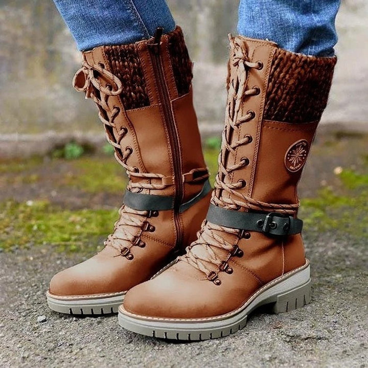 Orthopädische Damen Stiefel mit Arch Support Wasserfest Schnürstiefel mit Strickschaft und Schnalle 2