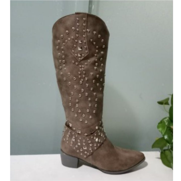 Women's Western ankle boots with orthopedic arch support and studs, elegant high heels