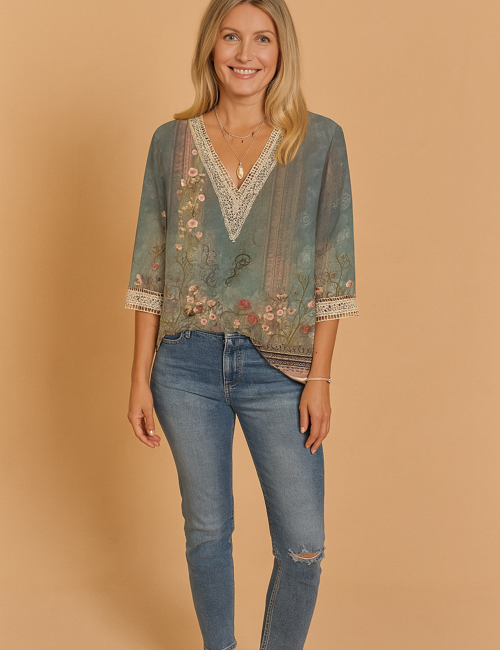 Sorella | Romantisk bluse med et diskret mønster og blondekant 2