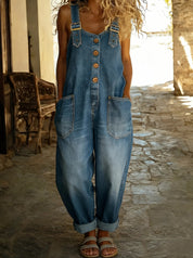 Stilfuld denim jumpsuit til kvinder - Justerbare stropper og funktionelle lommer til sommerbrug 0