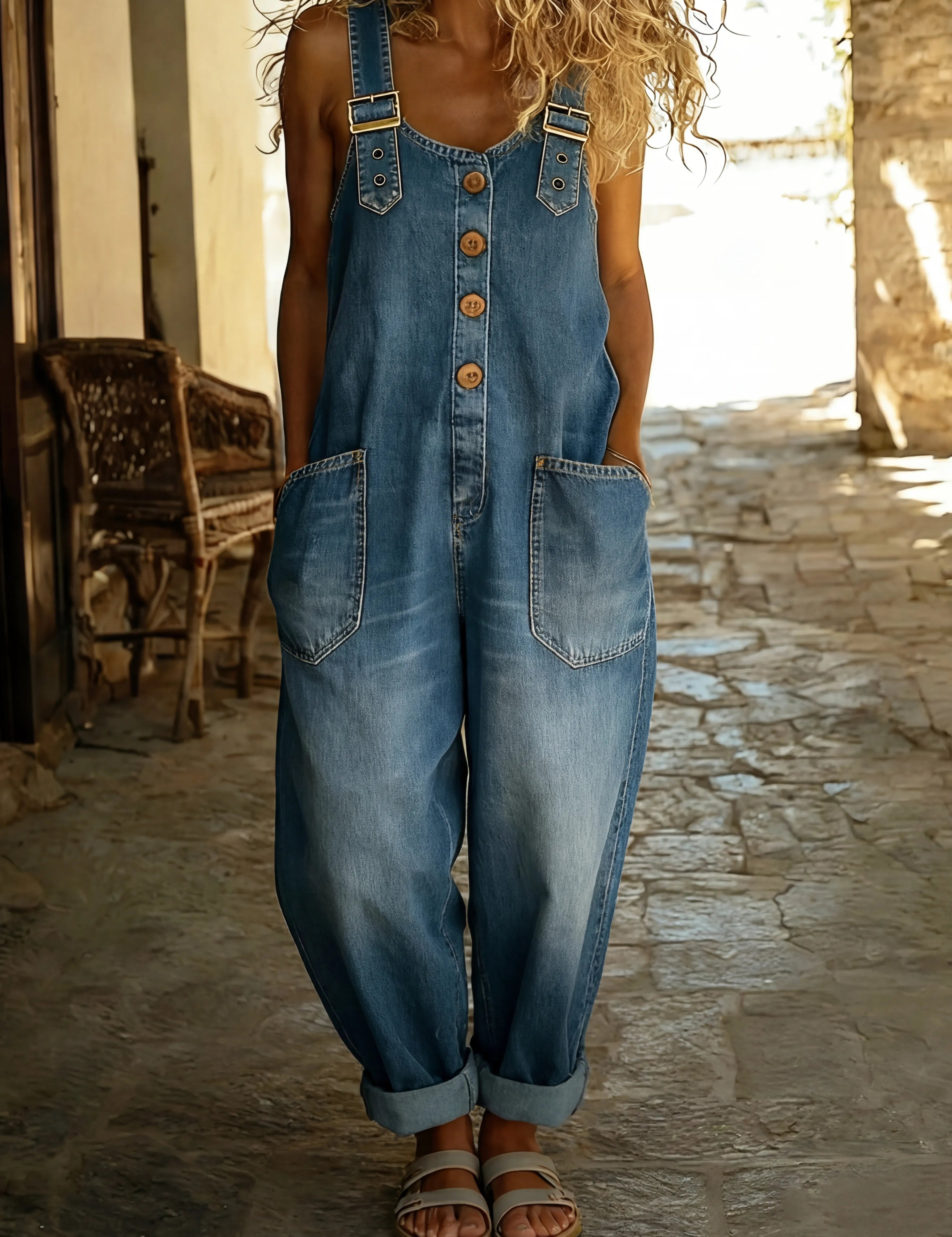 Stilfuld denim jumpsuit til kvinder - Justerbare stropper og funktionelle lommer til sommerbrug 0
