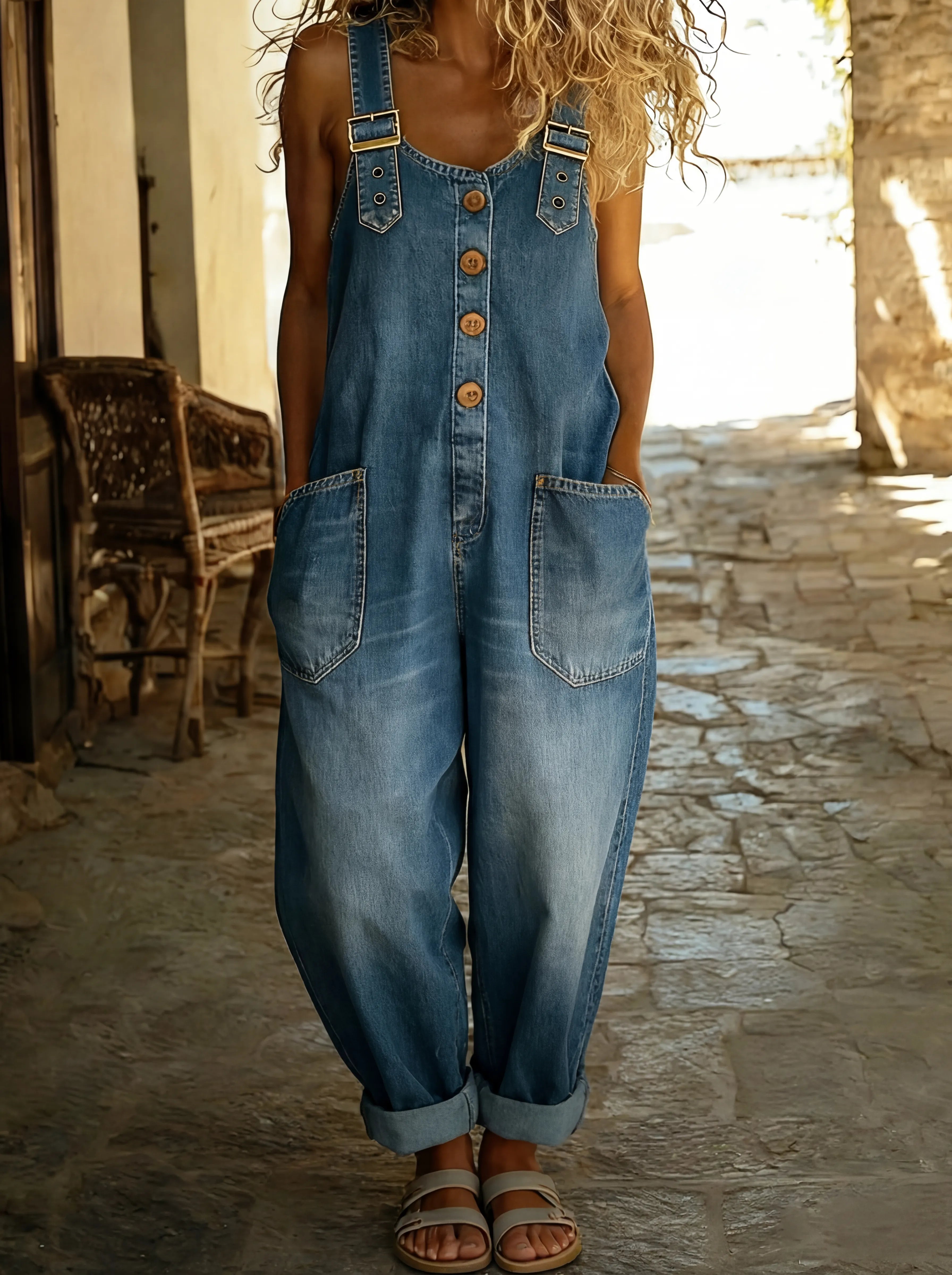 Stilfuld denim jumpsuit til kvinder - Justerbare stropper og funktionelle lommer til sommerbrug 0