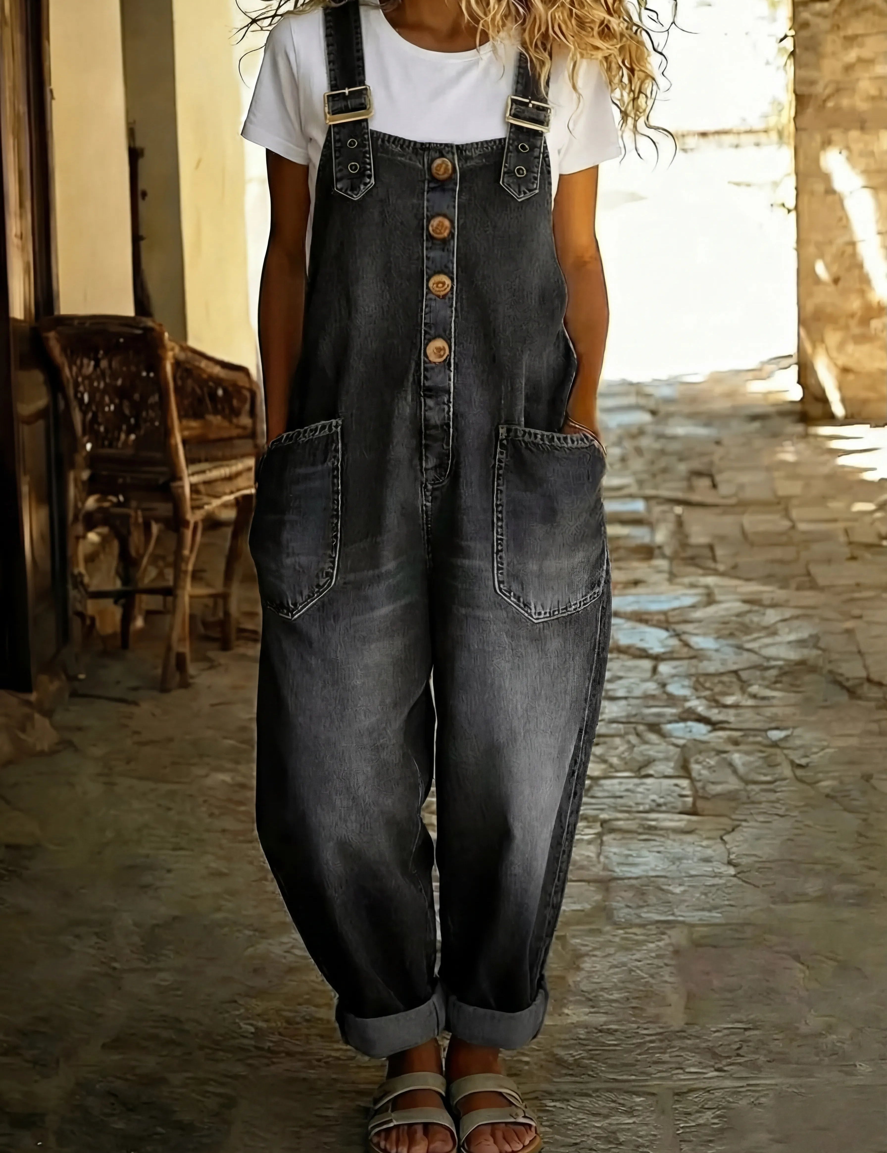 Stilfuld denim jumpsuit til kvinder - Justerbare stropper og funktionelle lommer til sommerbrug 1
