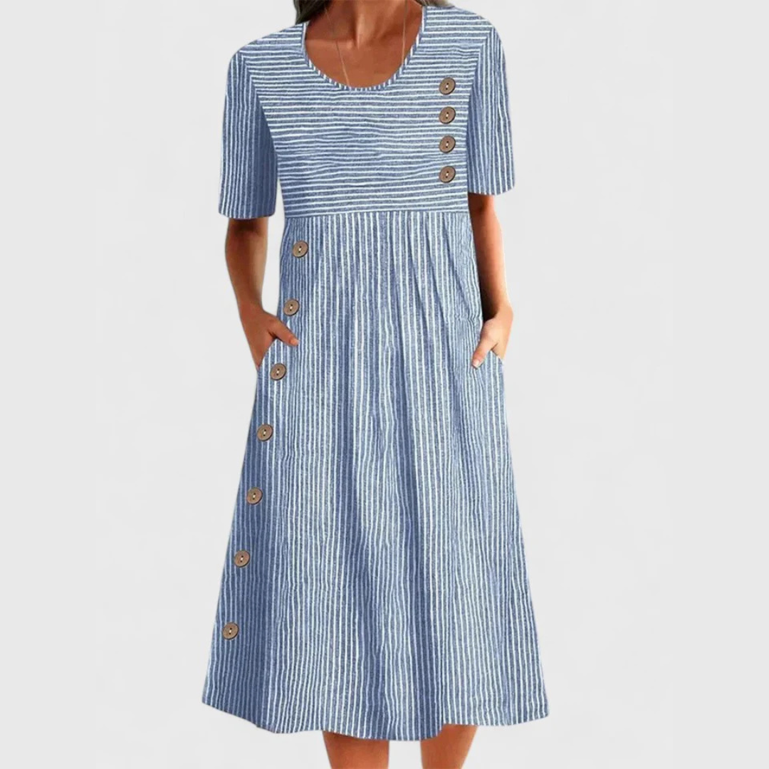 Stribet Midi Kjole med Knapper til Kvinder - Elegant og Komfortabel til Sommeren 0