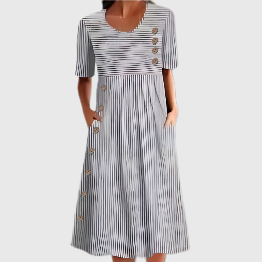 Stribet Midi Kjole med Knapper til Kvinder - Elegant og Komfortabel til Sommeren 1