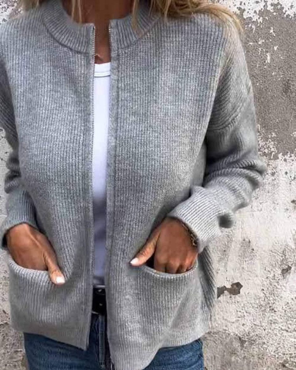 Strickjacke Damen - Langer Cardigan mit Reißverschluss und Fronttaschen, Lockere Passform für Alltag und Büro 0