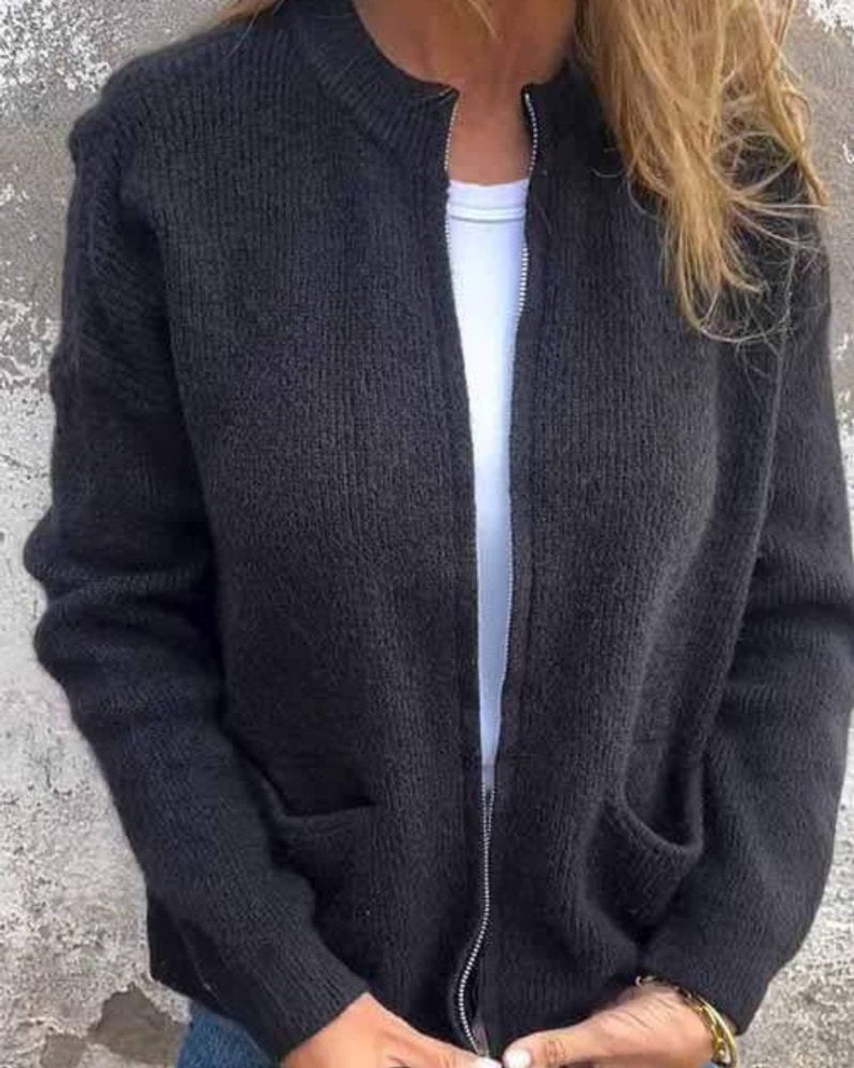 Strickjacke Damen - Langer Cardigan mit Reißverschluss und Fronttaschen, Lockere Passform für Alltag und Büro 1