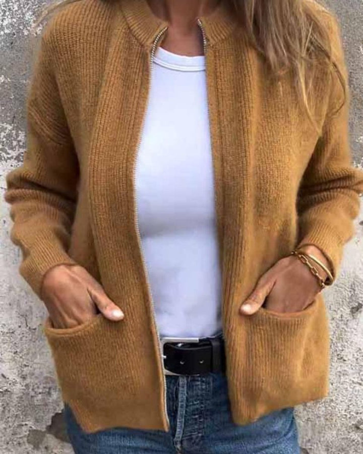 Strickjacke Damen - Langer Cardigan mit Reißverschluss und Fronttaschen, Lockere Passform für Alltag und Büro 2