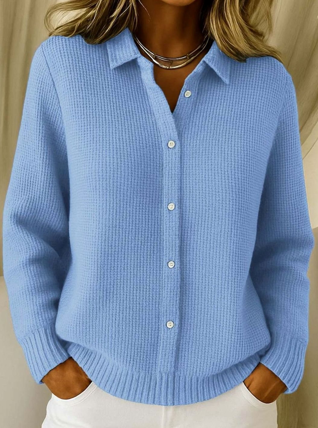 Taillierte Strickjacke Damen mit Hemdkragen Hüftlang Langarm Cardigan Weißknöpfe 0