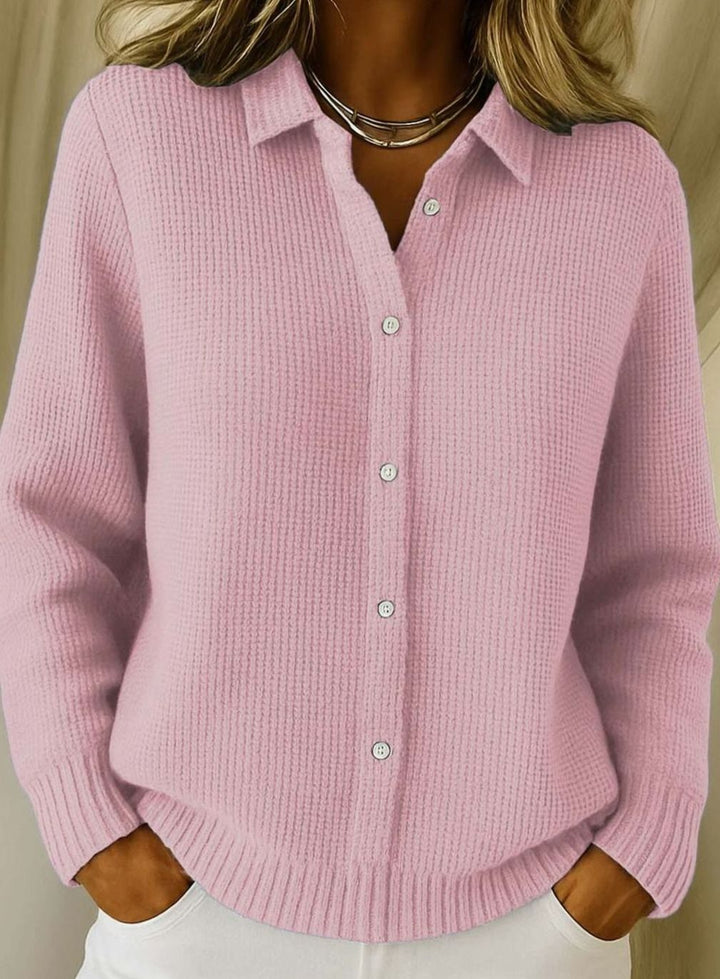 Taillierte Strickjacke Damen mit Hemdkragen Hüftlang Langarm Cardigan Weißknöpfe 2