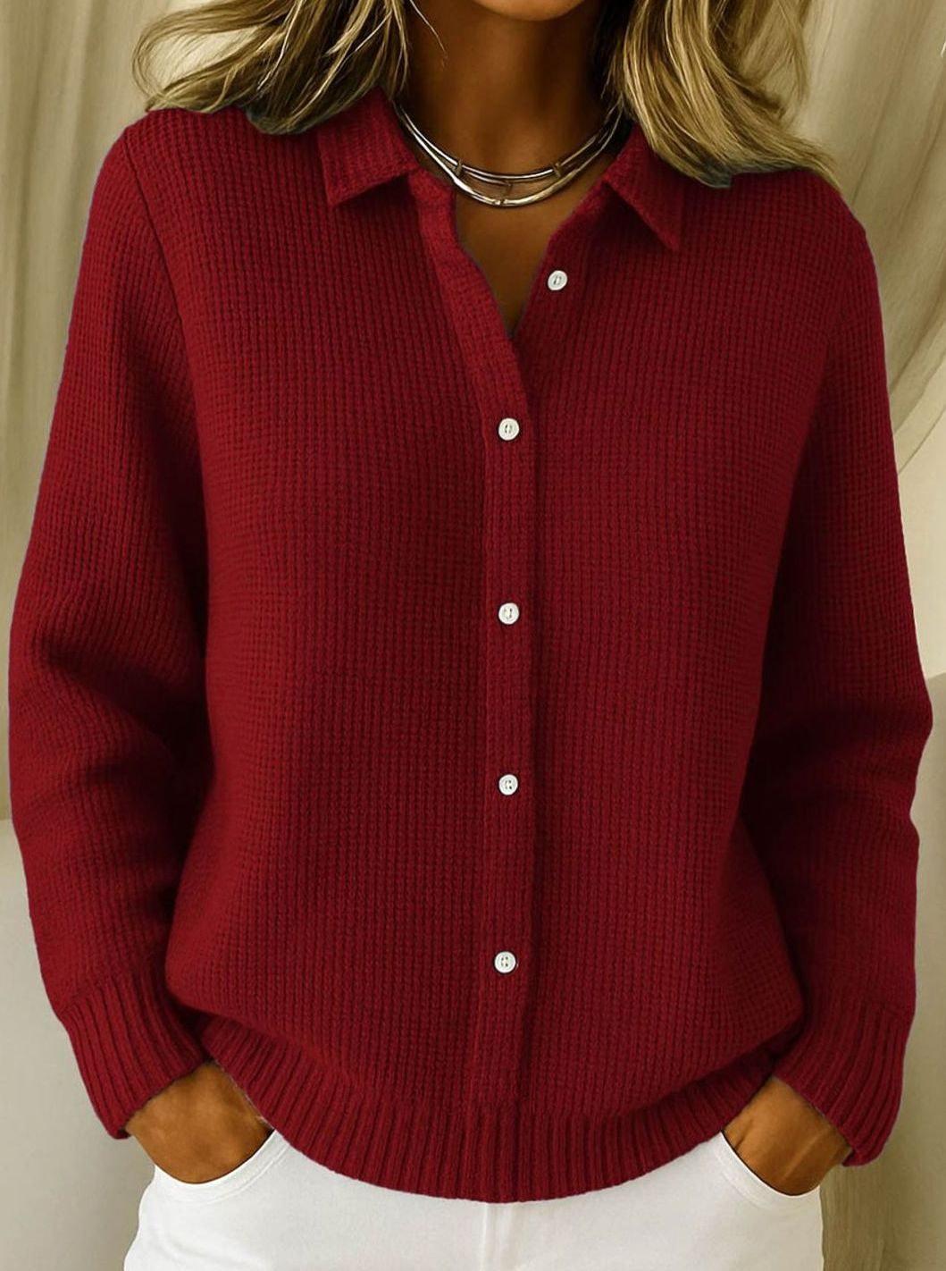 Taillierte Strickjacke Damen mit Hemdkragen Hüftlang Langarm Cardigan Weißknöpfe 3
