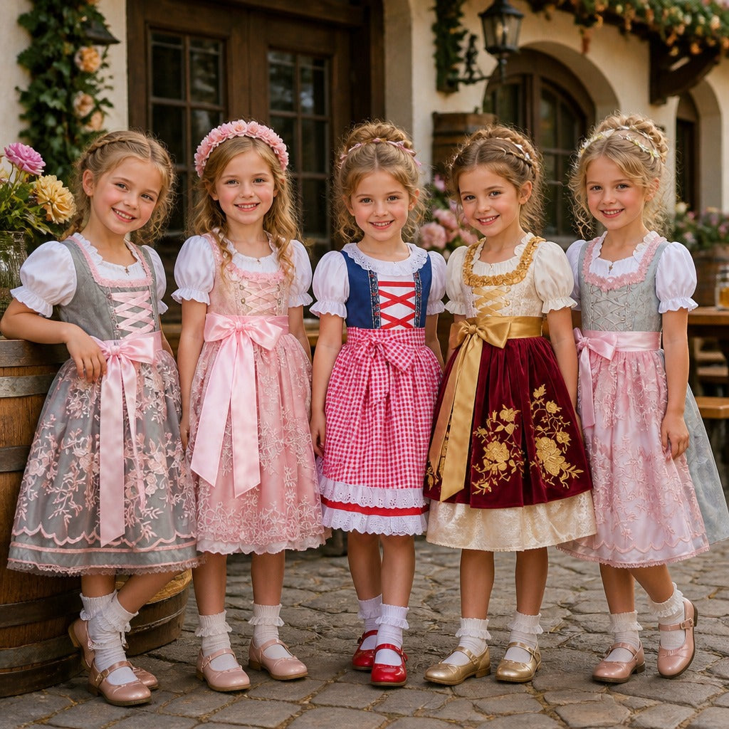 Traditionelles Kinderdirndl mit bestickter Organza-Schürze und Rüschenbluse für Mädchen 1