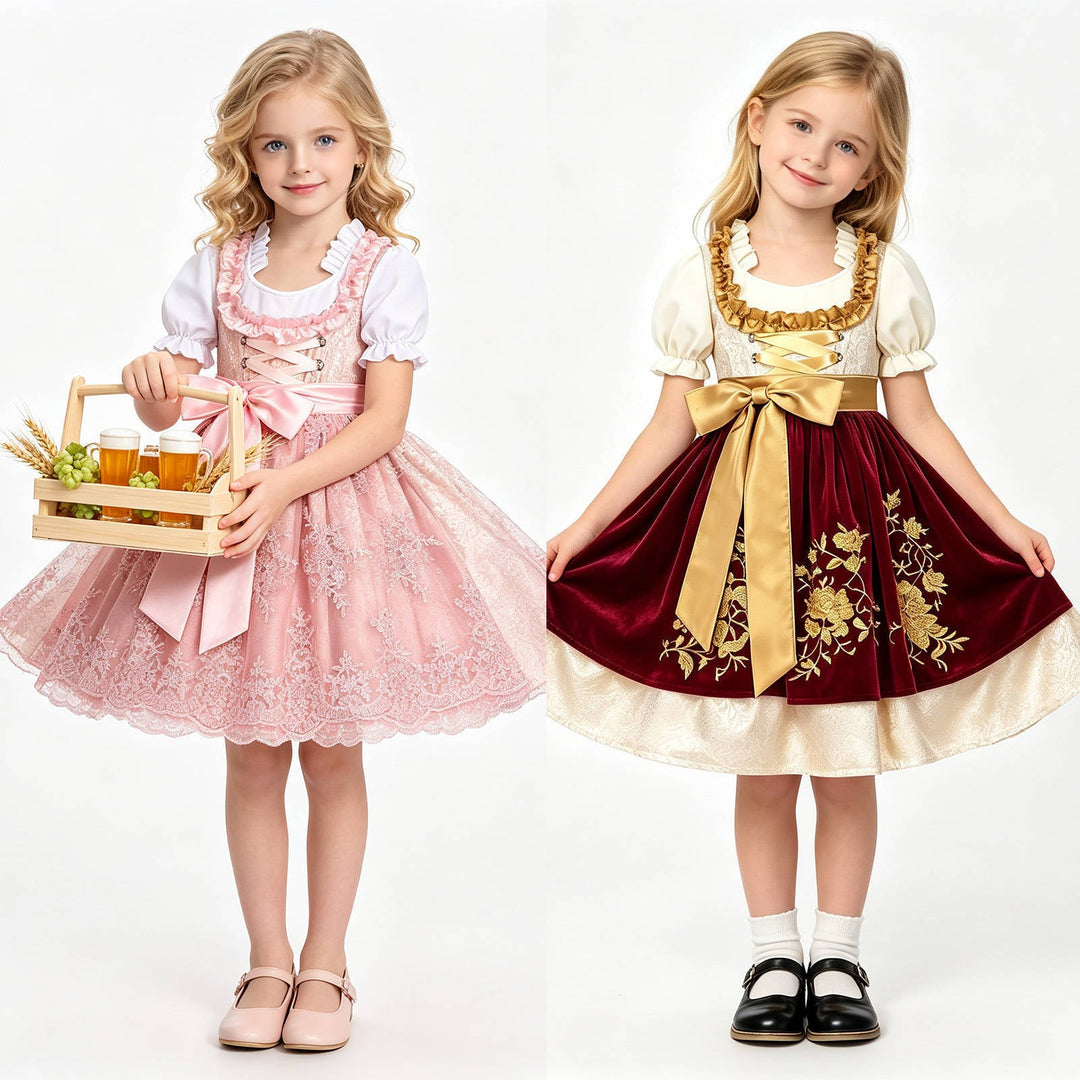 Traditionelles Kinderdirndl mit bestickter Organza-Schürze und Rüschenbluse für Mädchen 2