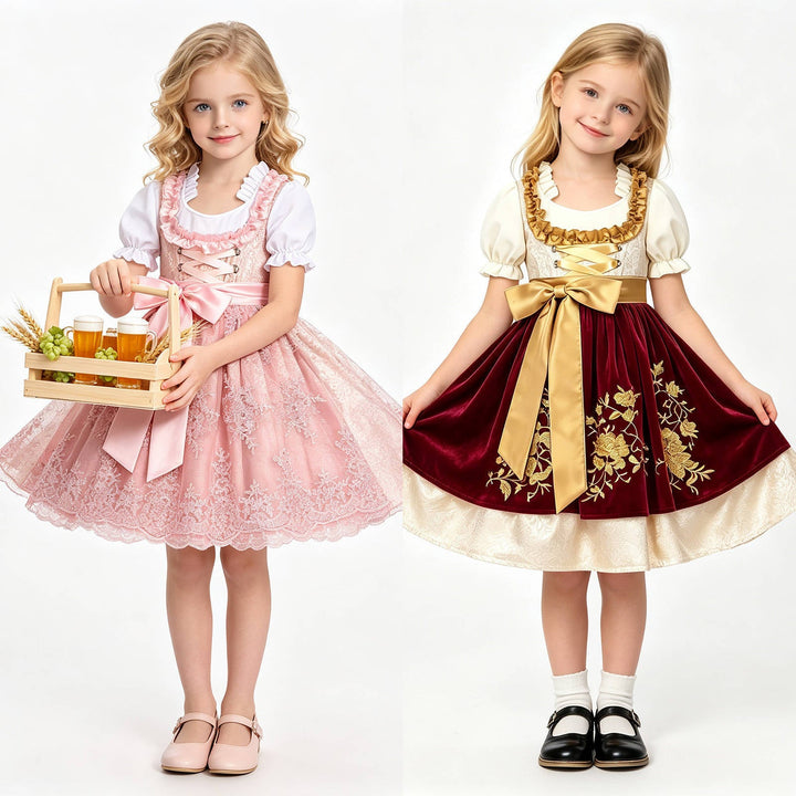 Traditionelles Kinderdirndl mit bestickter Organza-Schürze und Rüschenbluse für Mädchen 2