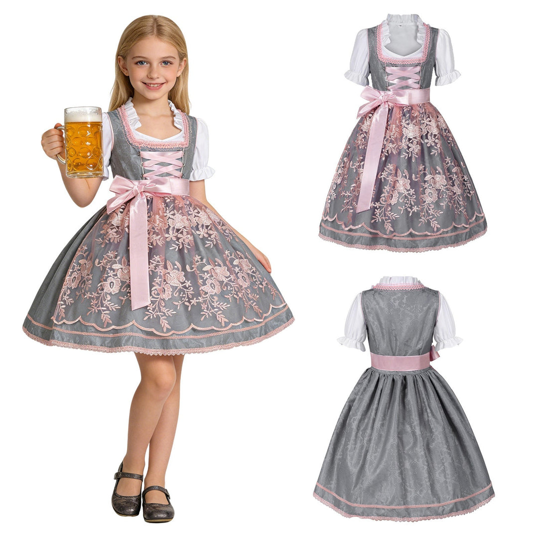 Traditionelles Kinderdirndl mit bestickter Organza-Schürze und Rüschenbluse für Mädchen 4