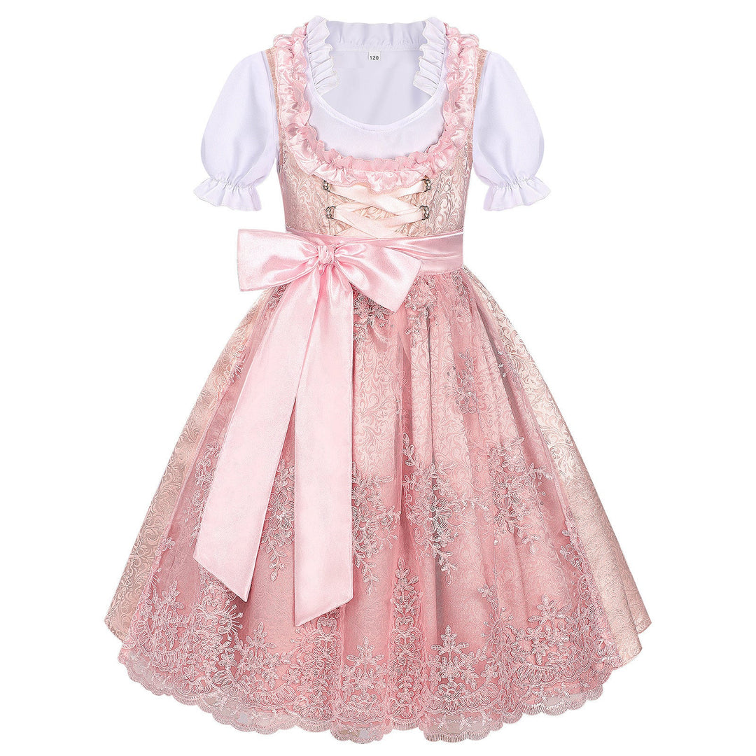 Traditionelles Kinderdirndl mit bestickter Organza-Schürze und Rüschenbluse für Mädchen 5