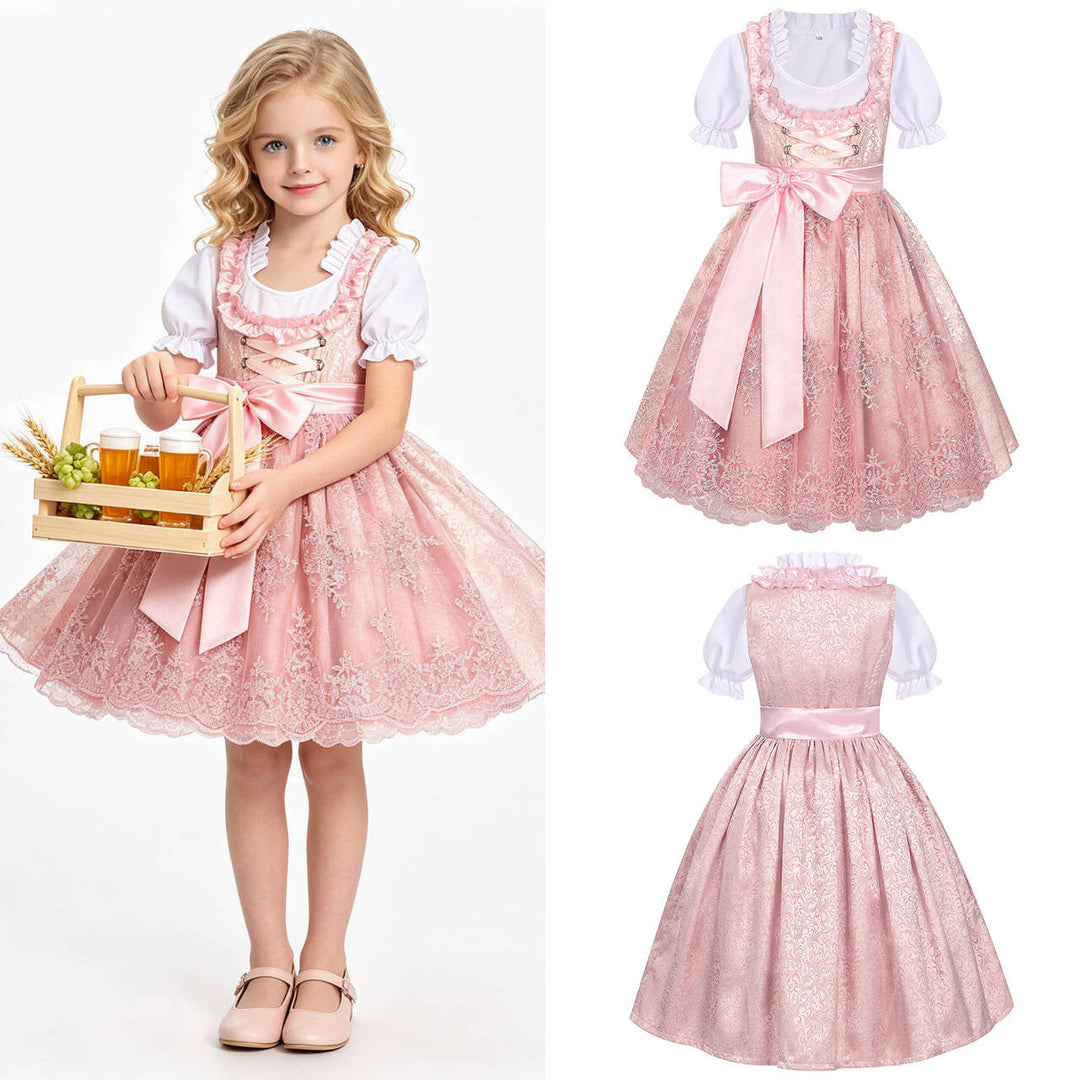 Traditionelles Kinderdirndl mit bestickter Organza-Schürze und Rüschenbluse für Mädchen 9