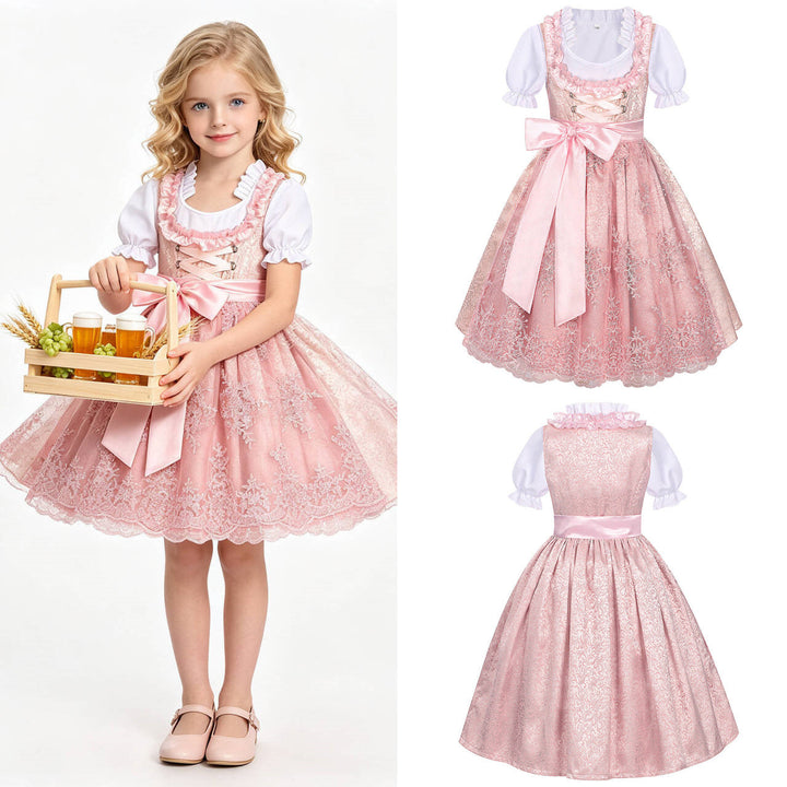 Traditionelles Kinderdirndl mit bestickter Organza-Schürze und Rüschenbluse für Mädchen 9