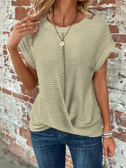 Vaffelstrikket Casual T-Shirt Til Kvinder - Elegant T-Shirt Med Flatterende Front Twist Og Afslappede Rullede Ærmer 6