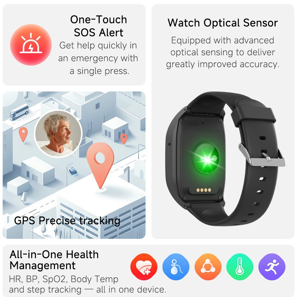 Ældre GPS Smartwatch – 4G SOS Tracker, sundhedsovervågning og nødalarmer