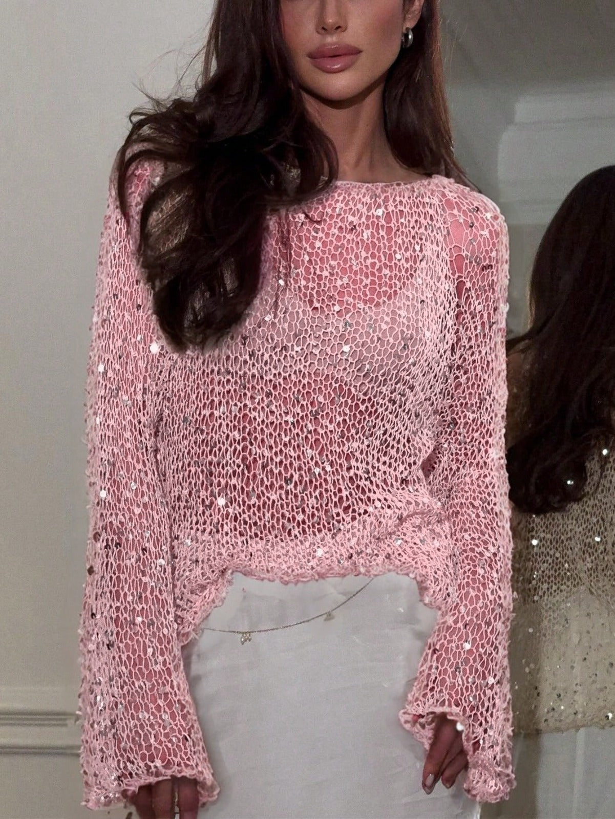 Elegant Langærmet Bluse med Pailletter i Shift Design – Komfortabel og Glamourøs til Særlige Anledninger