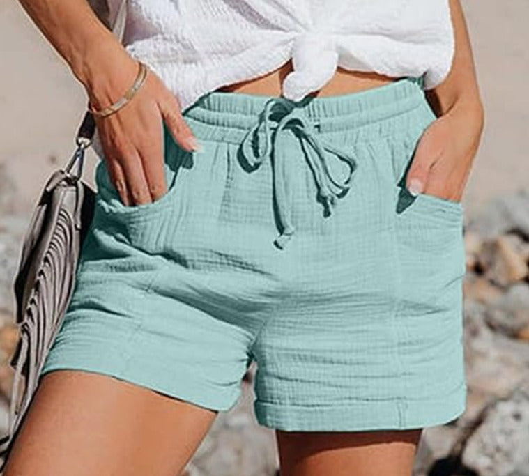 Paulina | Dame shorts med elastisk taljebånd og snor – luftig løs pasform med stiklommer
