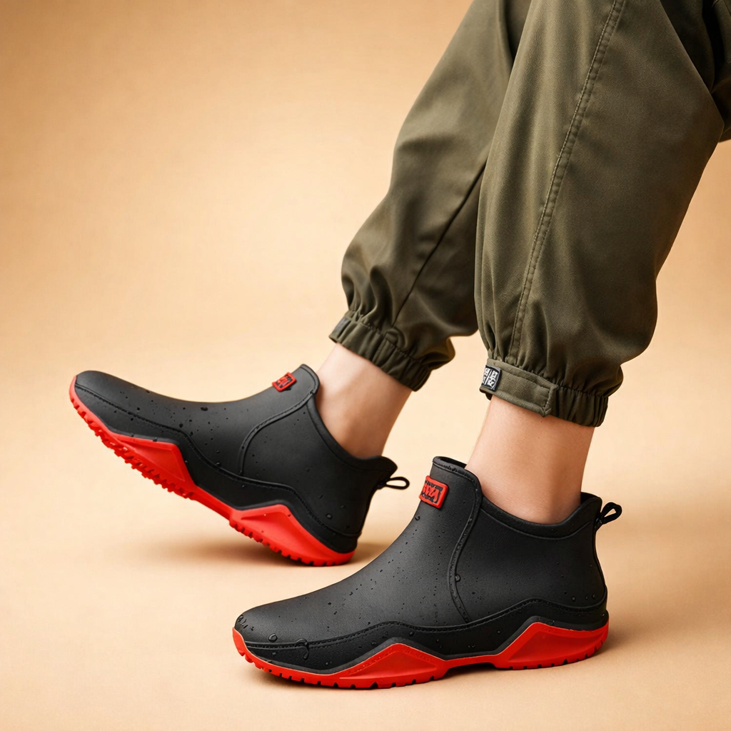 black-red-waterproof-ankle-boots-womens-outdoor-traction-posed-model-studio-shot.png