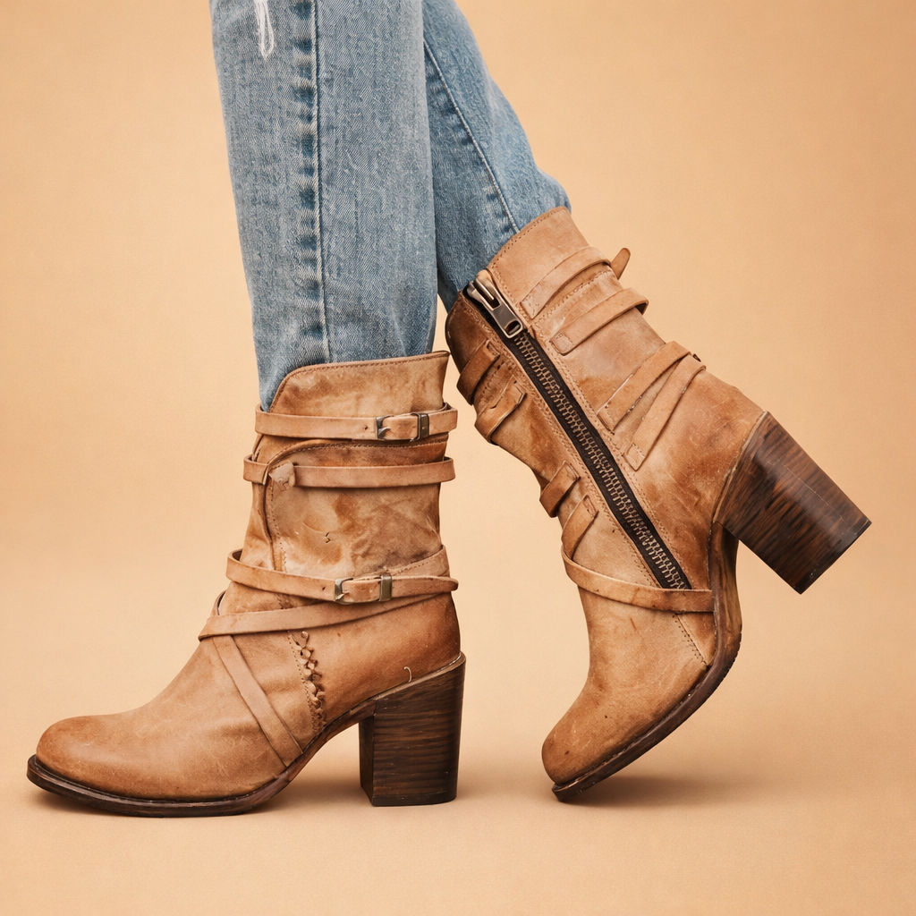 dark-brown-buckle-strap-ankle-boots-block-heel-posed-model-studio-shot.png