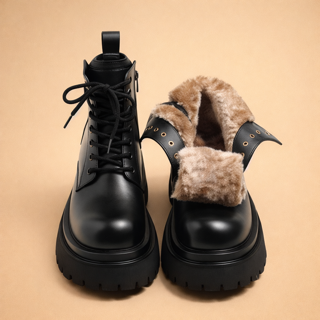 front-view-womens-black-lace-up-fur-lined-combat-boots-studio-pose.png