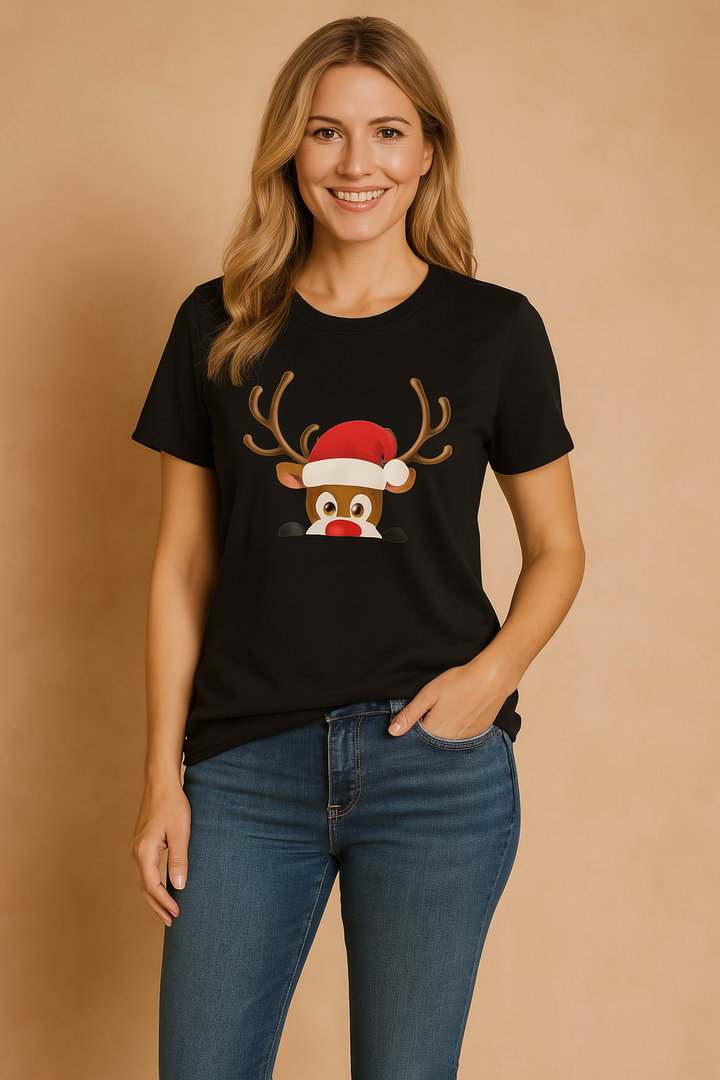 Zwart dames kerstshirt met een schattig rendiergezicht en kerstmuts – ideaal voor een feestelijke casual look.