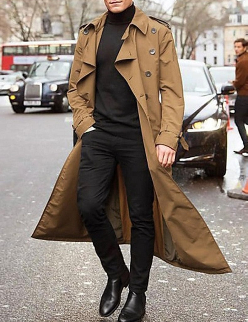 Klassisk lang trenchcoat til mænd med bælte og dobbeltradet lukning