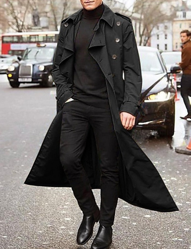 Klassisk lang trenchcoat til mænd med bælte og dobbeltradet lukning