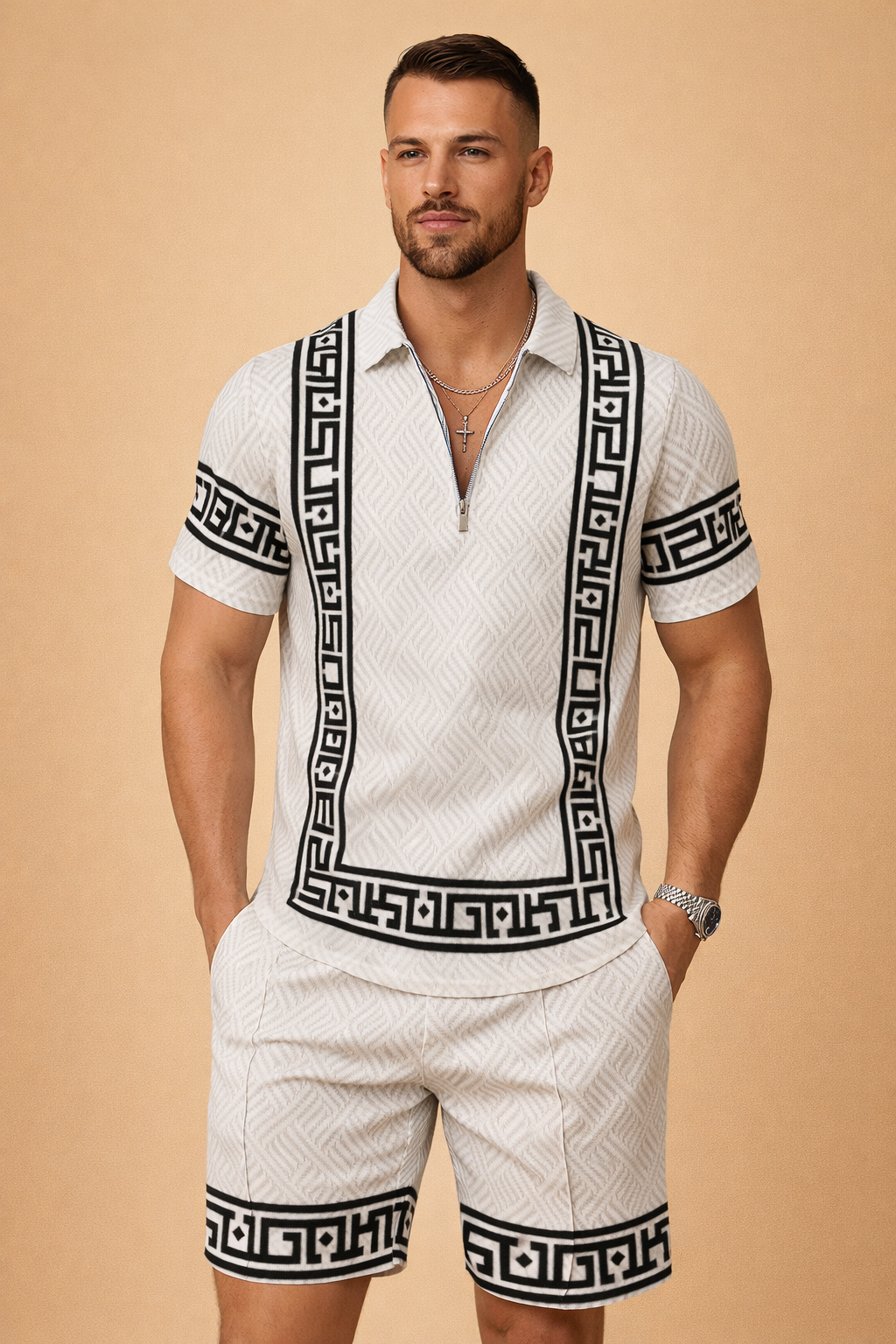 Matteo | To-delt sæt til herrer - struktureret zip-polo og matchende kortærmede skjorte - Casual Wear