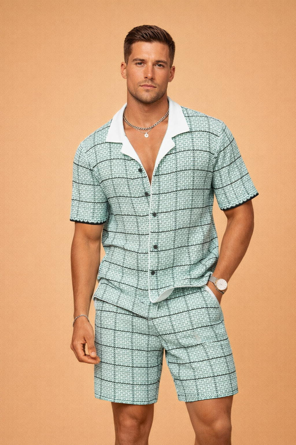 Benedict | To-delt outfit til herrer - skjorte med korte ærmer og shorts - rutet casual fit