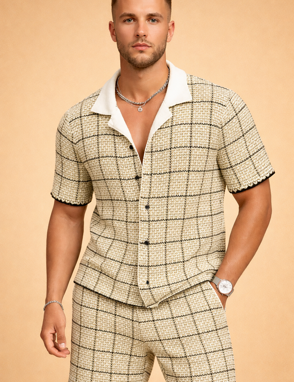 Benedict | To-delt outfit til herrer - skjorte med korte ærmer og shorts - rutet casual fit