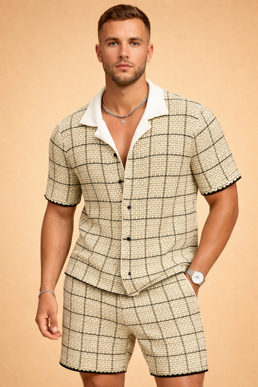 Benedict | To-delt outfit til herrer - skjorte med korte ærmer og shorts - rutet casual fit