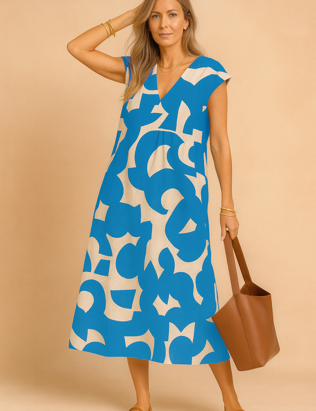 Mouwloze A-lijn zomerjurk met felblauwe en beige abstracte print en V-hals