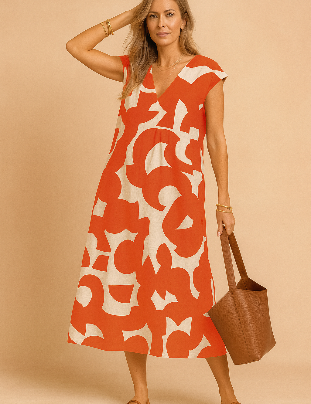 Mouwloze A-lijn zomerjurk met rood-oranje en beige abstracte print en V-hals