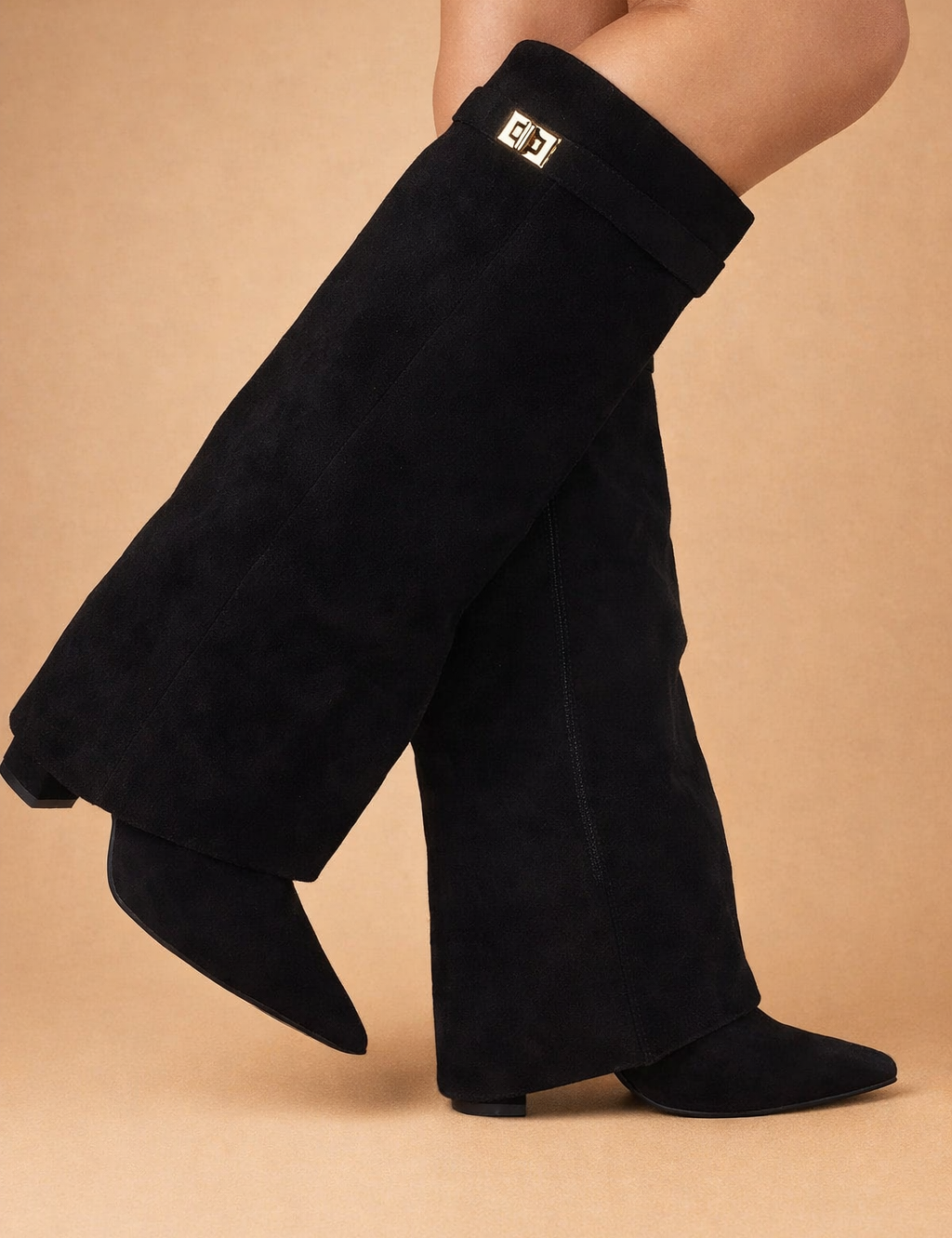 womens-knee-high-black-boots-elegant-model-side-walk-studio-pose.png
