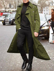 Klassisk lang trenchcoat til mænd med bælte og dobbeltradet lukning