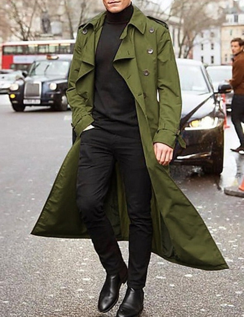 Klassisk lang trenchcoat til mænd med bælte og dobbeltradet lukning